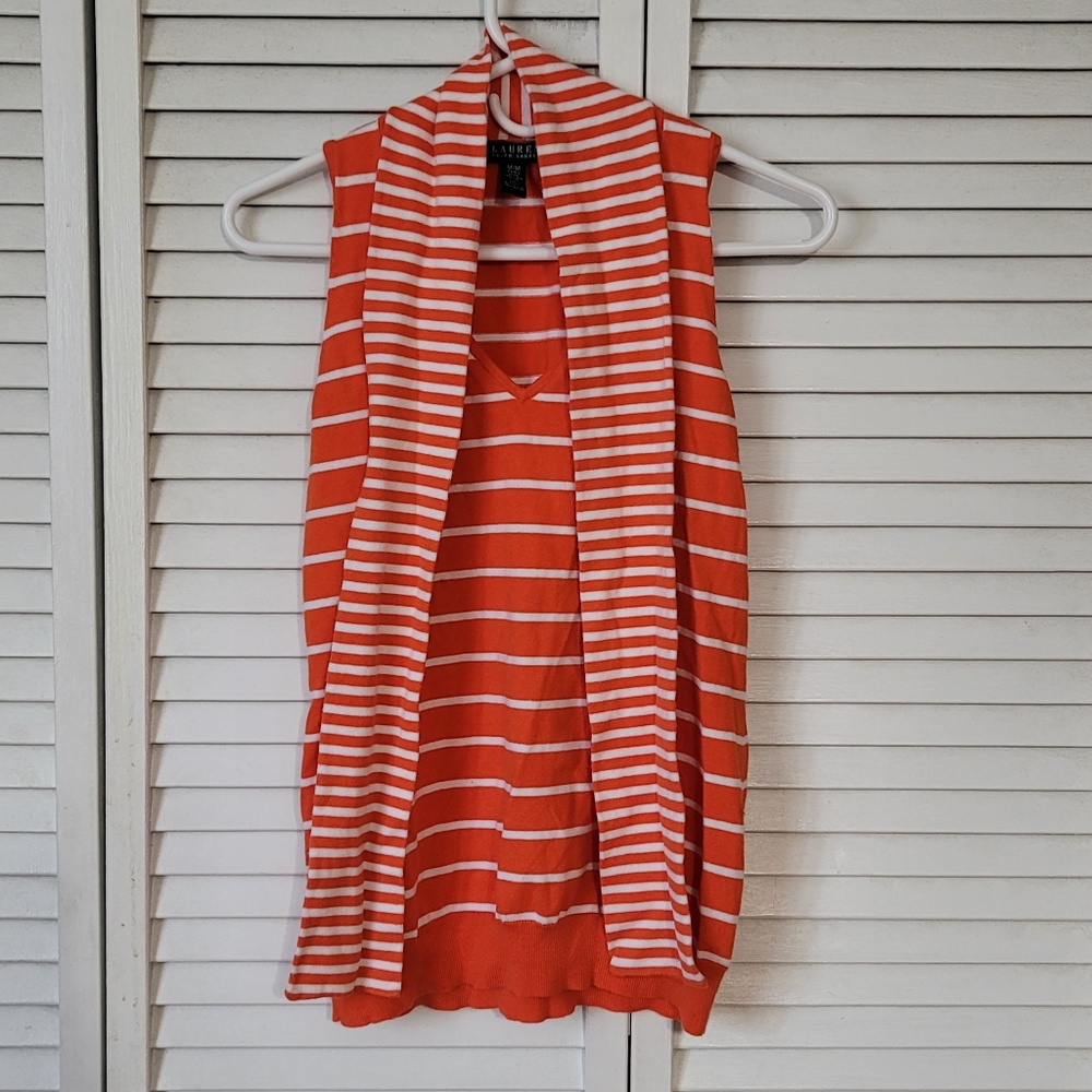 RALPH LAUREN Cotton Blend Stretch Striped Blouse w. Neck Scarf, Size M